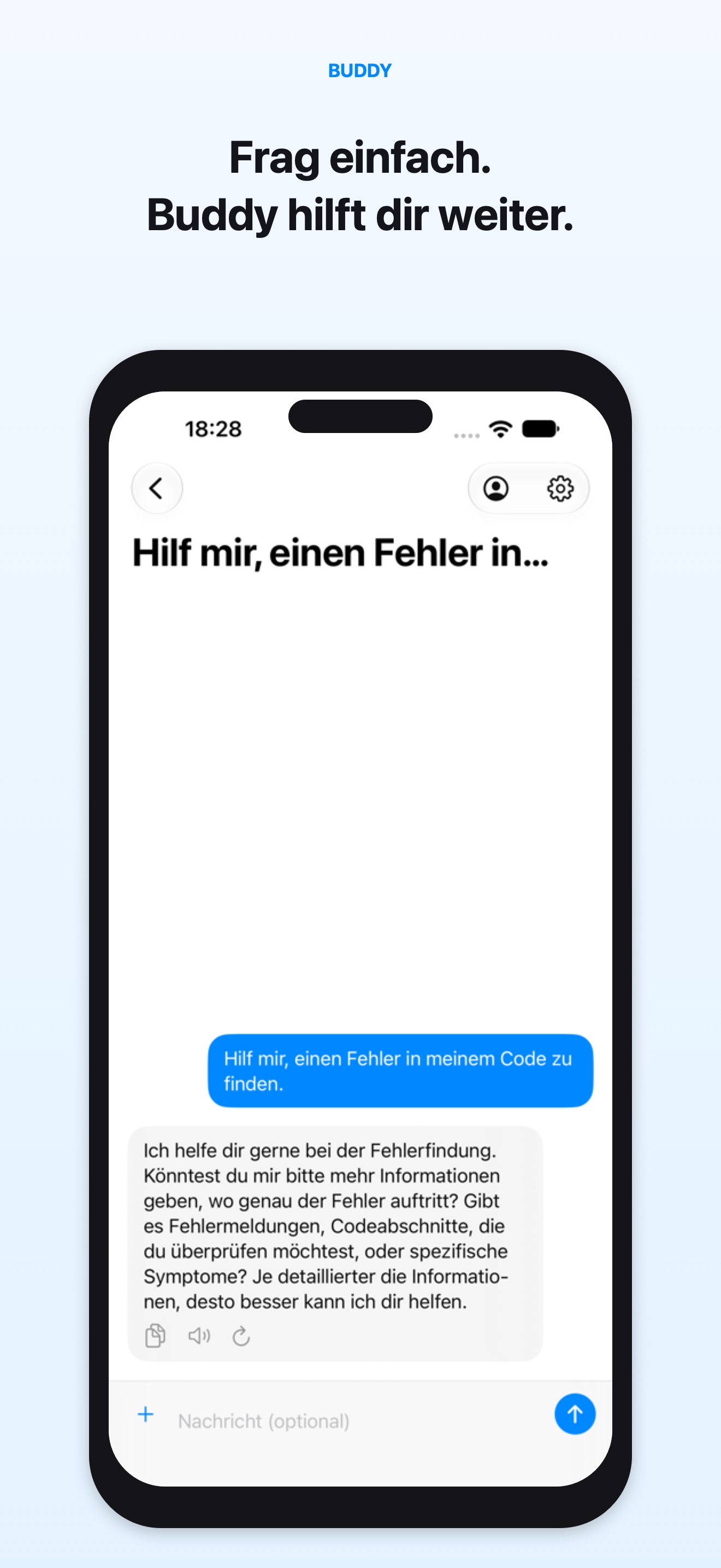 Buddy zeigt einen lokalen Beispielchat auf einem iPhone